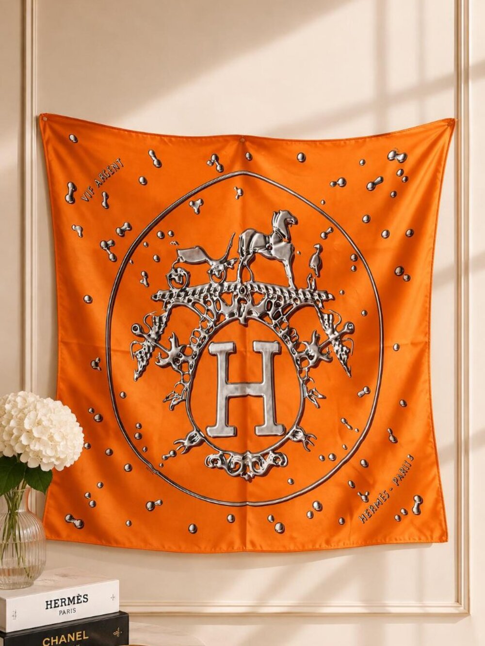 Hermès Paris Vive Argent Orange Silk Carré Scarf 90 Luxury Designer Authentic